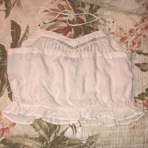 AE L Lace Halter Ruffled Crop Top Beaded Tassels - Picture 2 of 12